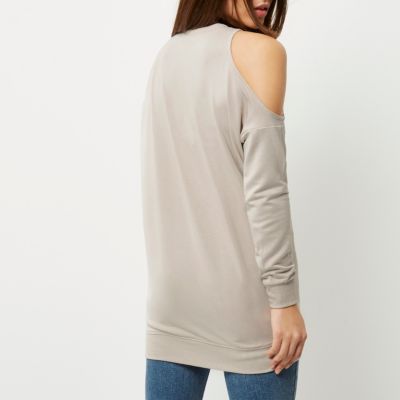 Grey band print cold shoulder sweatshirt